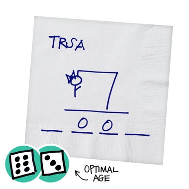 A Hangman drawing with dice showing 9 as the optimal age for the game.